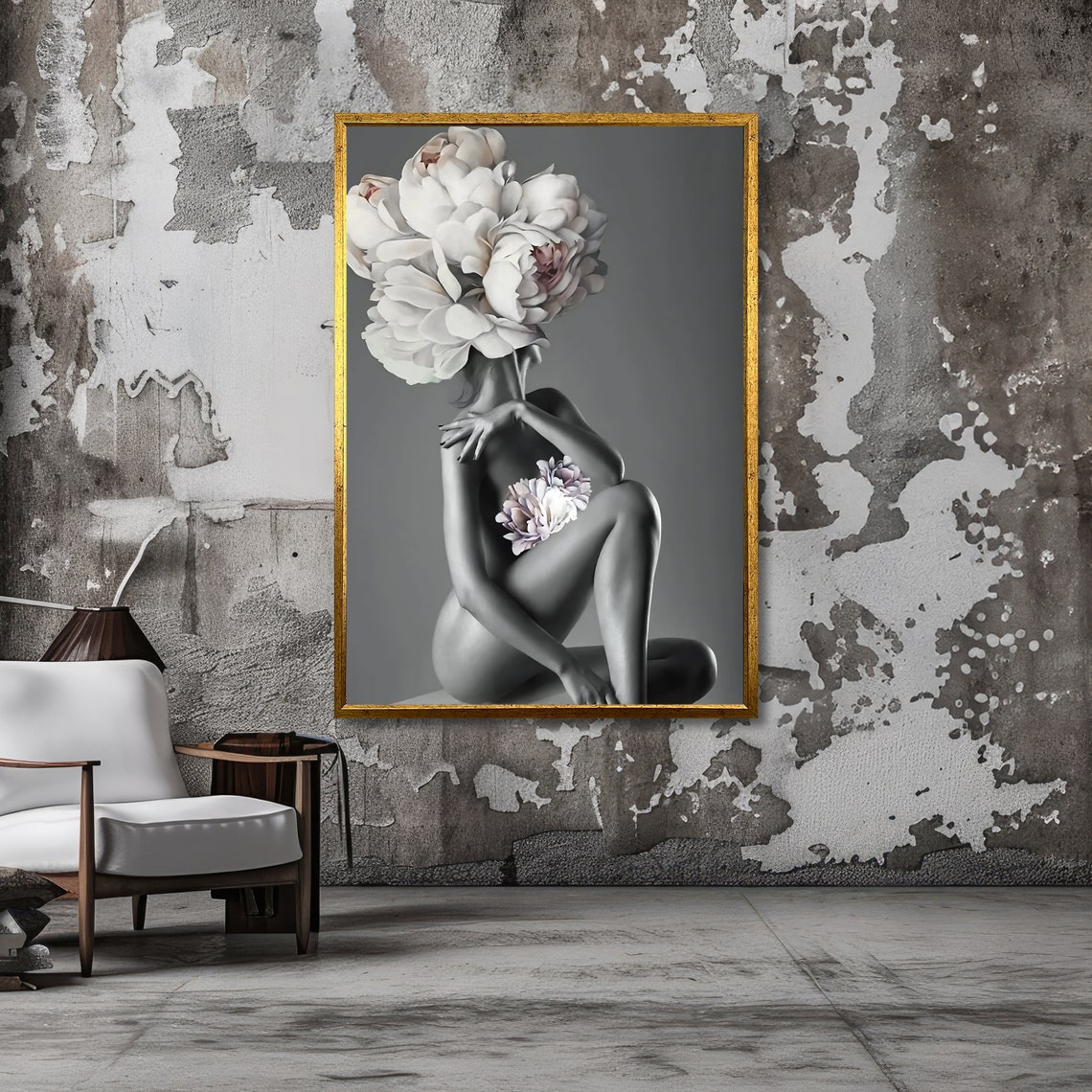 Seated Nude Woman With a Peony Bloom Head Surreal Fine Art Poster - Image 3
