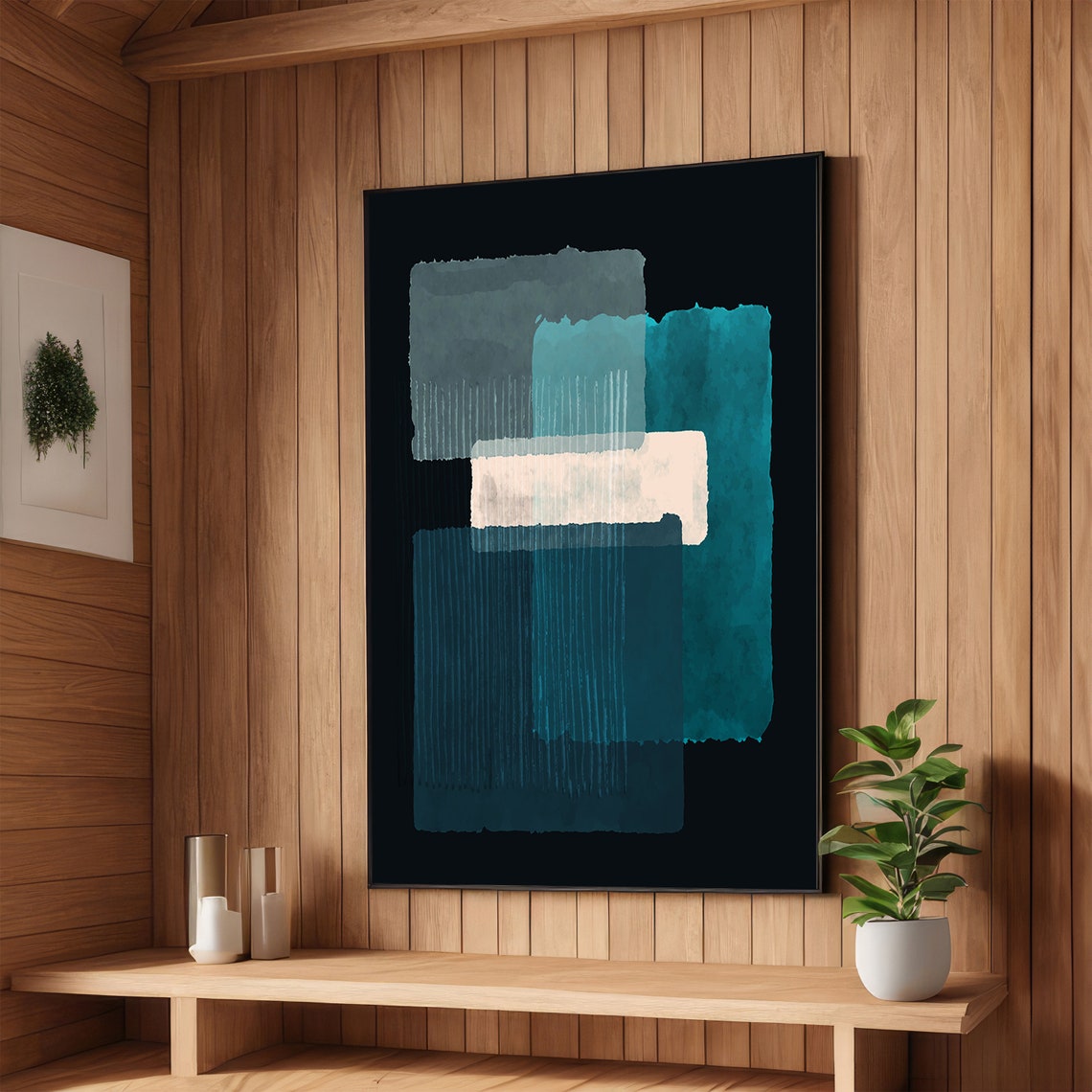 Abstract Teal and White Brushstroke Blocks on Black Modern Art Poster