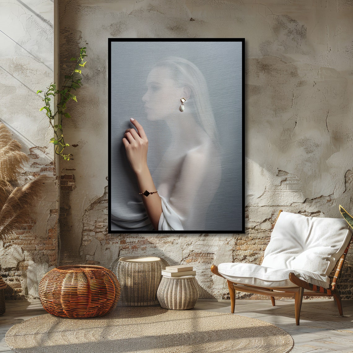 Veiled Woman Silhouette Pearl Earring Elegant Fashion Poster - Image 4