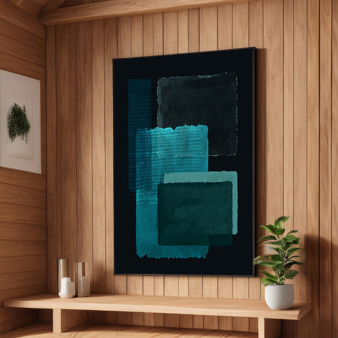 Deep Teal Rectangles on Black in Rothko Style Abstract Poster