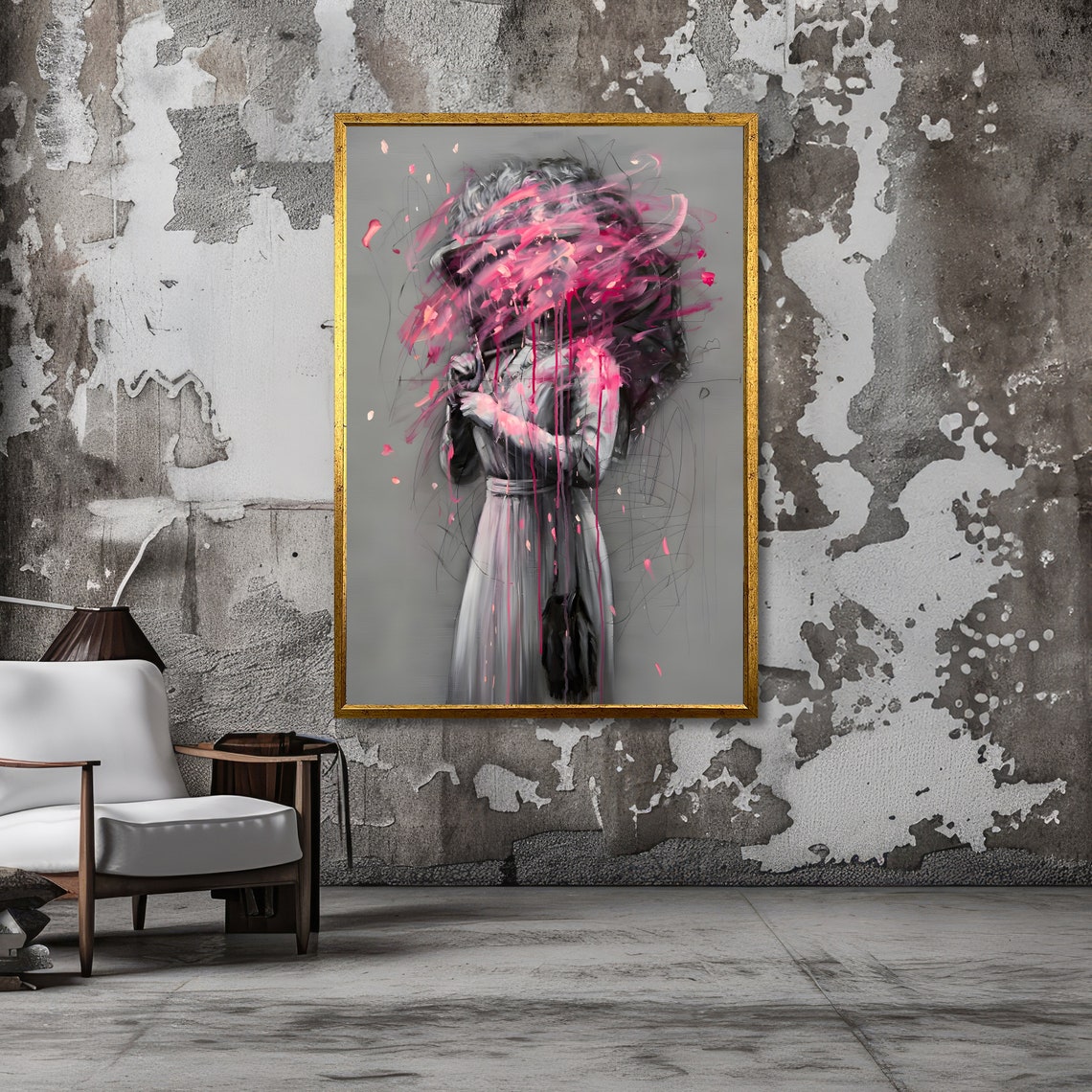 Woman With Pink Paint Explosion Head Abstract Drip Art Poster - Image 3