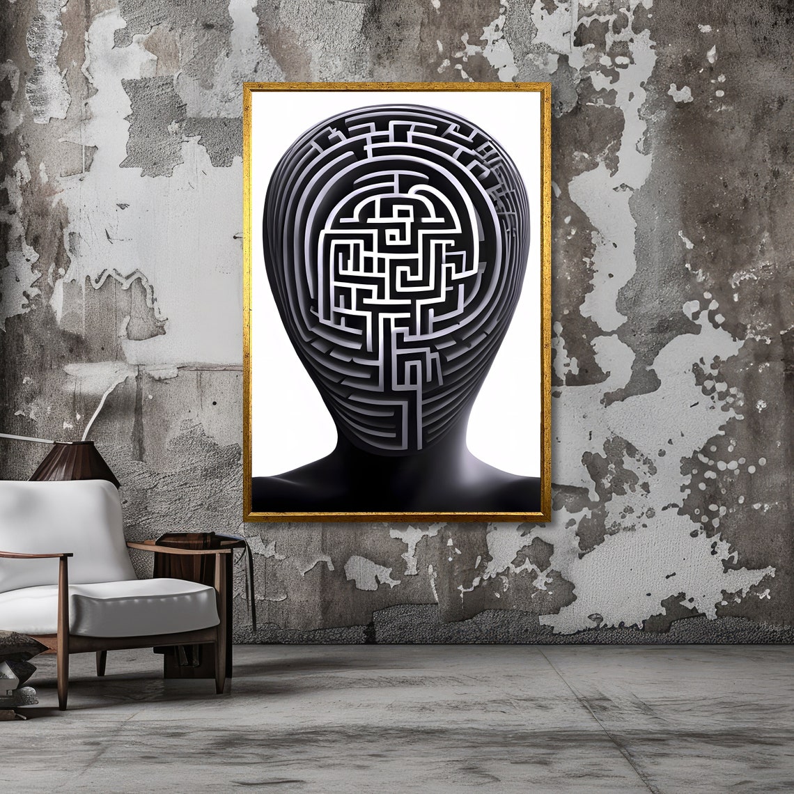 Black Human Head With Maze Labyrinth Face Surreal Optical Art Poster - Image 3
