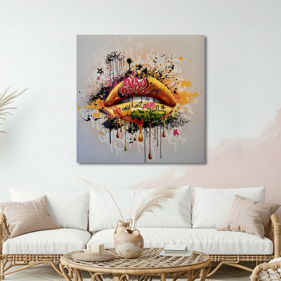 Golden Graffiti Lips With KISS ME Script and Dripping Paint Art Poster - Image 5