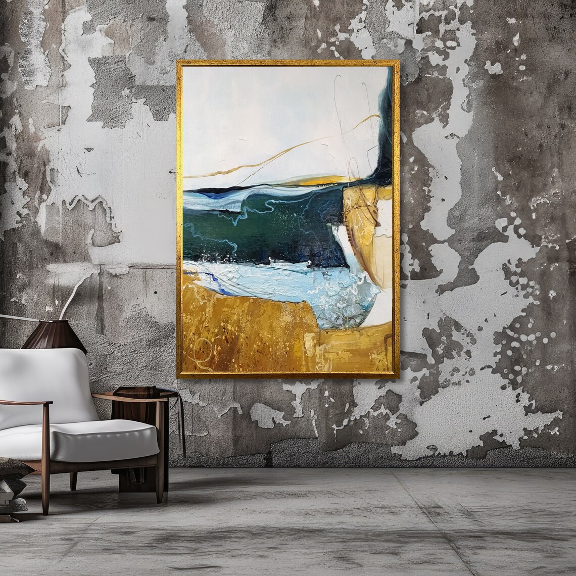 Abstract Coastal Ocean Waves Painting in Blue and Gold Tones Poster - Image 5