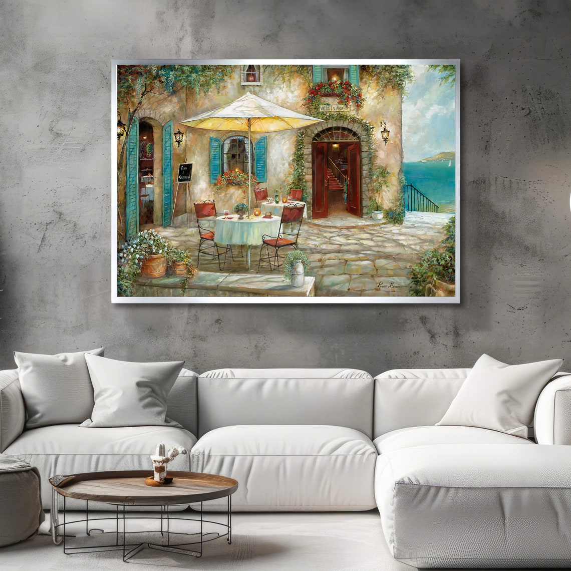 Mediterranean Seaside Cafe Terrace Turquoise View Art Poster - Image 4