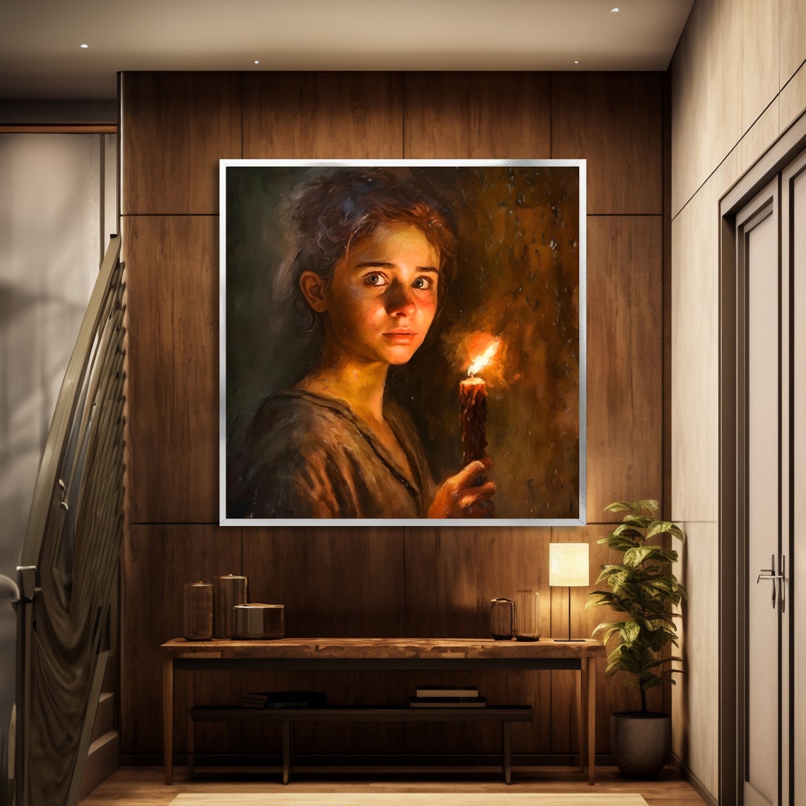 Young Woman Holding a Lit Candle Warm Chiaroscuro Portrait Art Poster - Image 2
