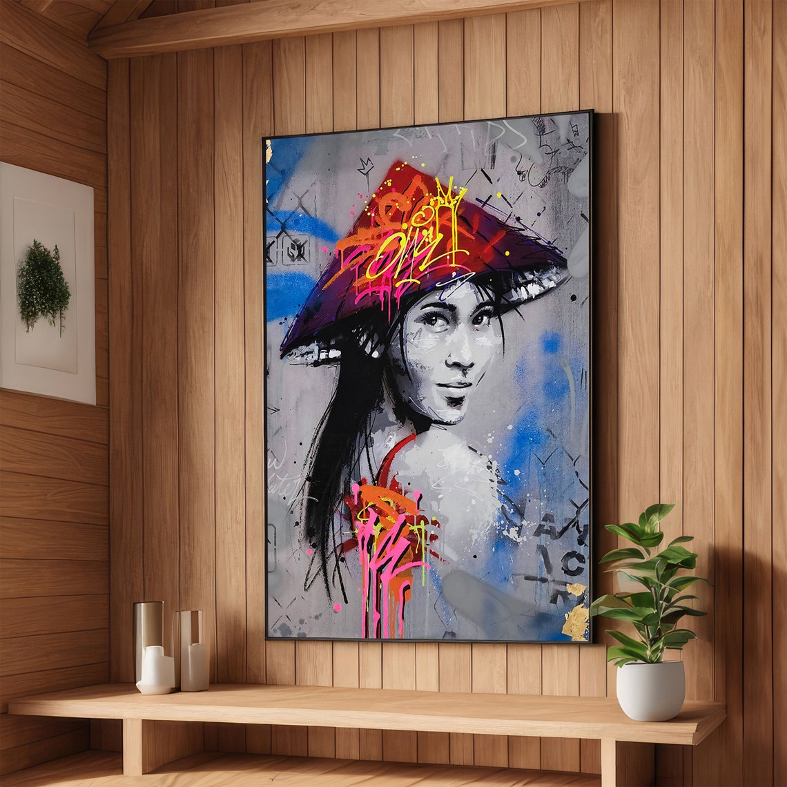 Graffiti Geisha Wearing a Colorful Hat Urban Street Art Poster