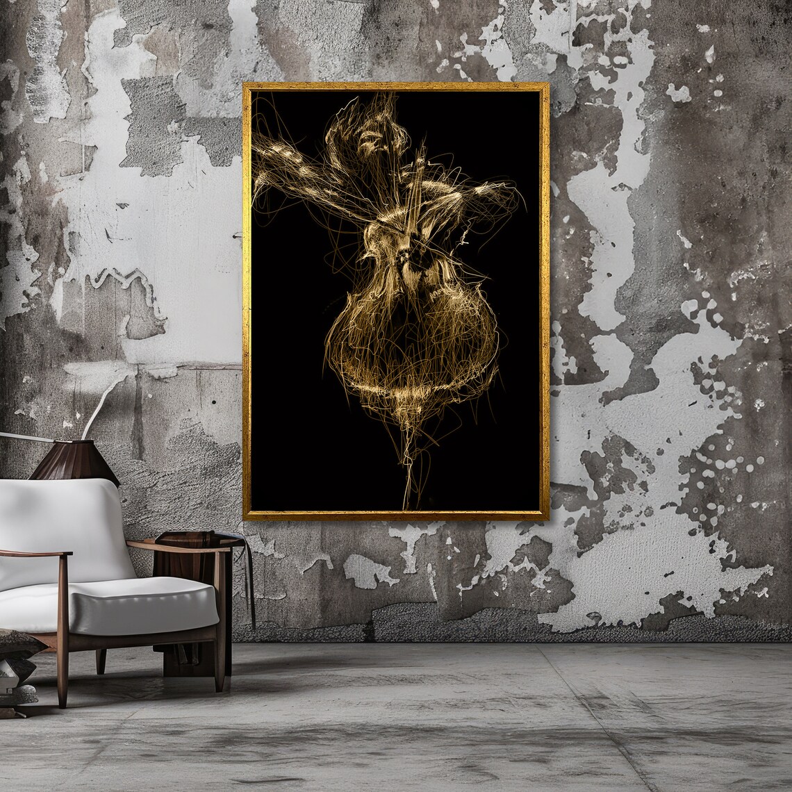 Golden Line Dancer Abstract Figure on Black Modern Art Poster - Image 3