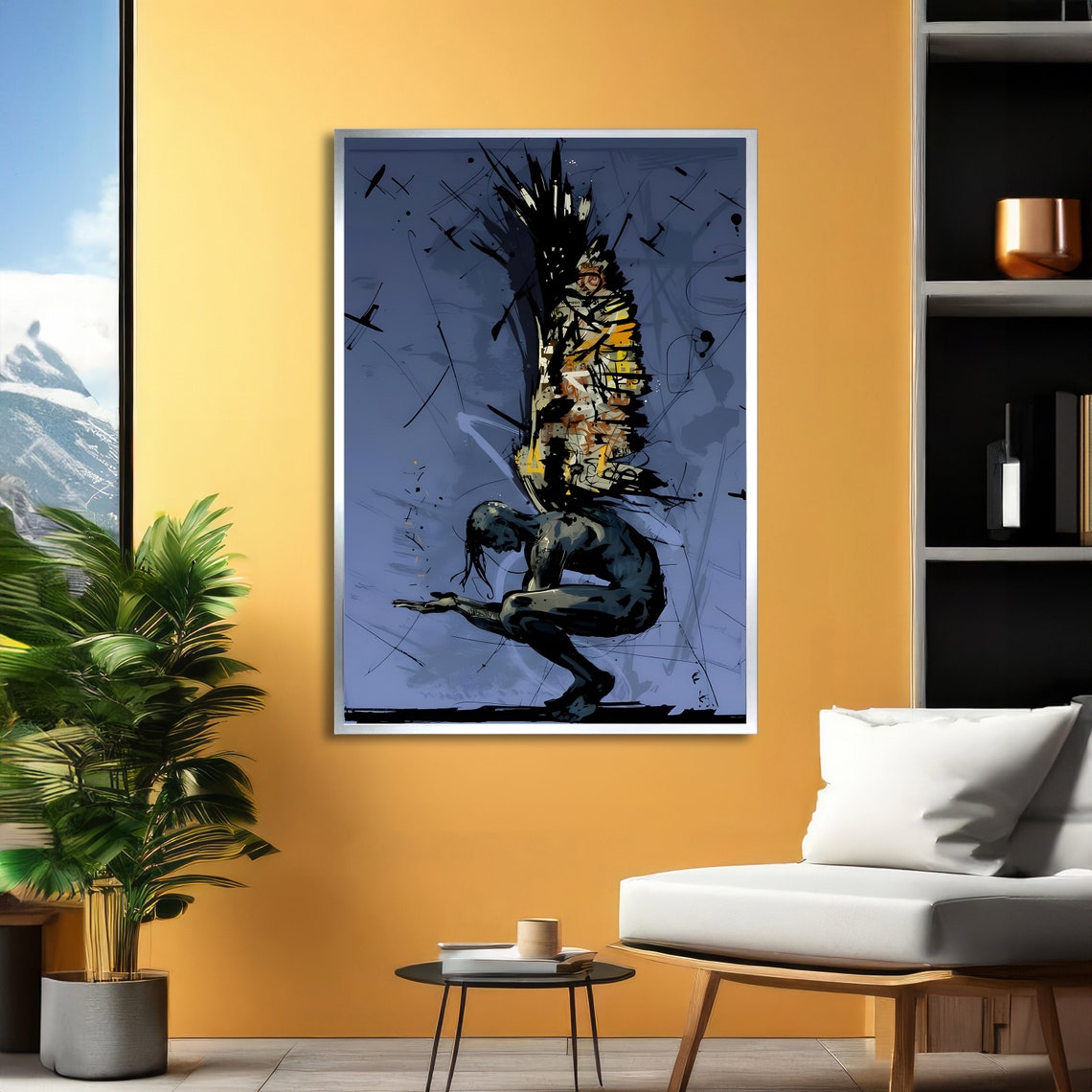 Crouching Winged Figure Graffiti Abstract Dramatic Dark Blue Poster - Image 3