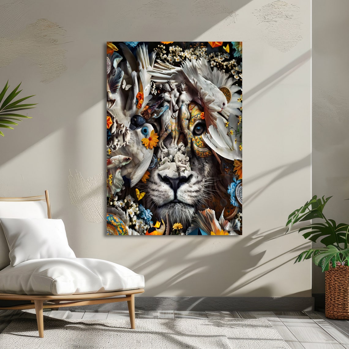 Surreal Lion Collage with Doves Flowers Butterflies Art Poster - Image 5