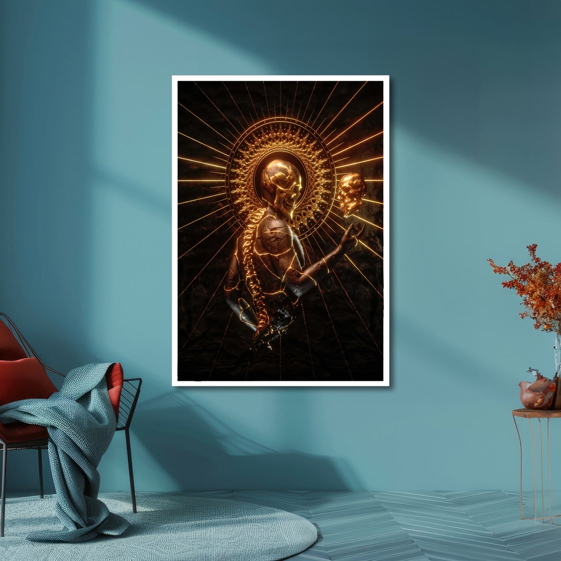 Golden Radiant Skeleton With Halo Holding Skull Gothic Dark Poster - Image 5