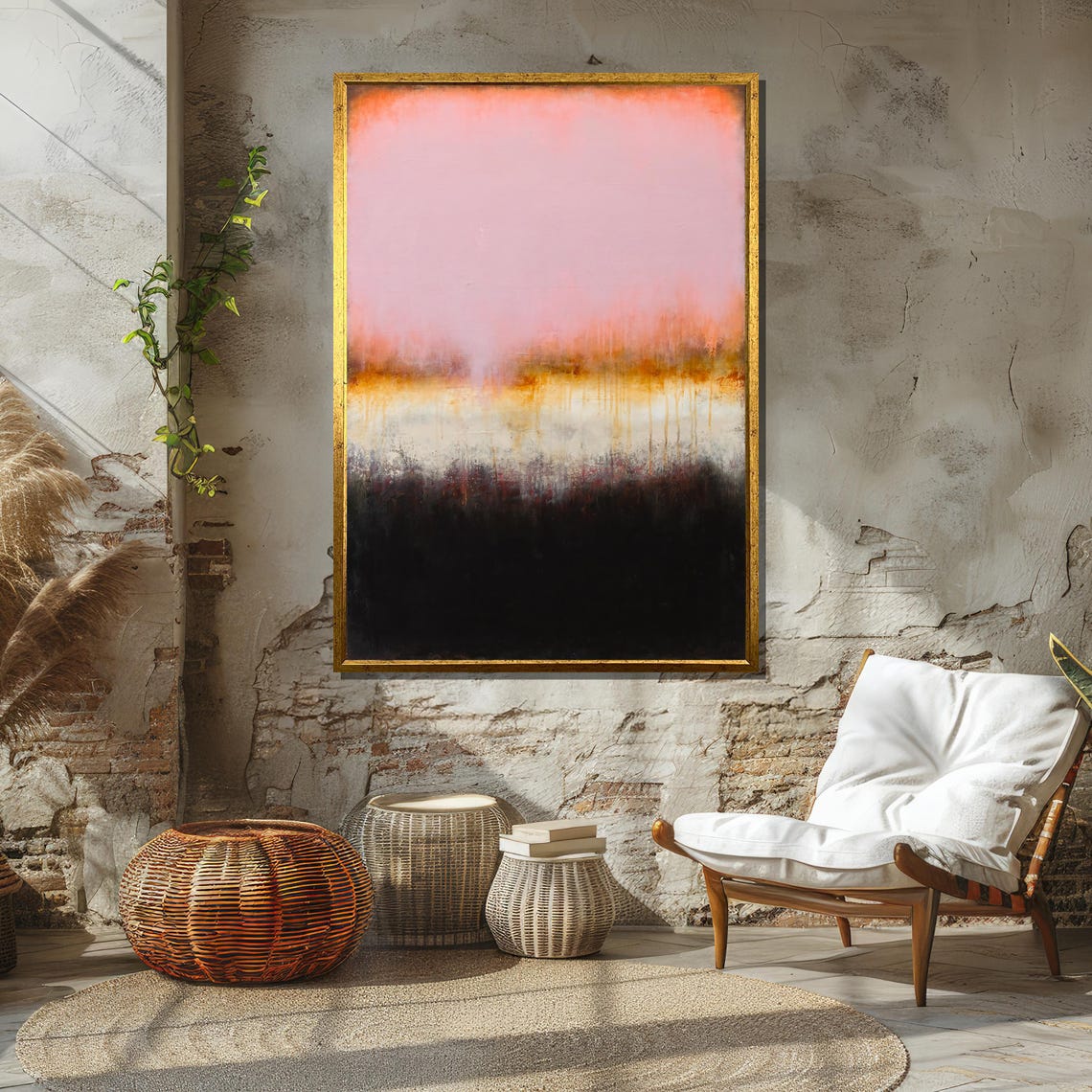 Pink Black and Fiery Orange Abstract Color Field Horizon Art Poster - Image 2