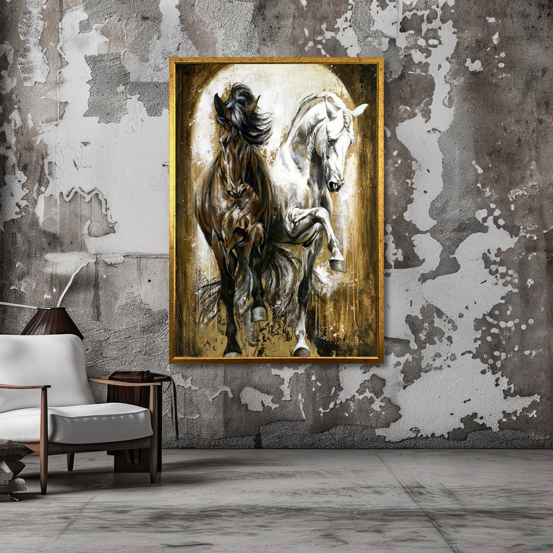 Black and White Horses Duo Beneath a Glowing Golden Arch Art Poster - Image 3