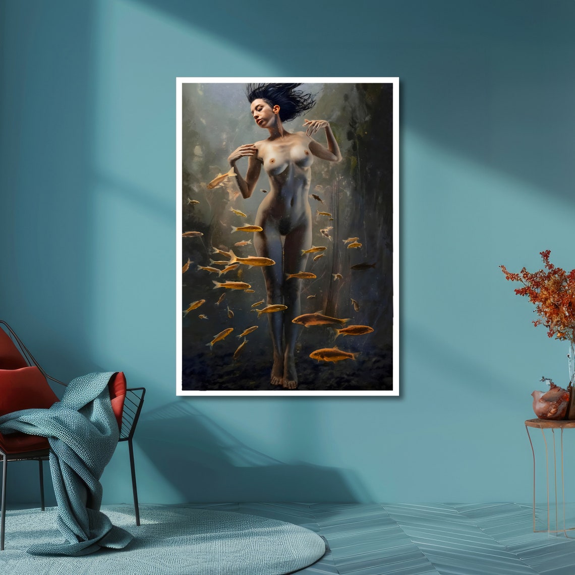 Underwater Nymph Surreal Nude Art Ethereal Female With Fish Wall Art Ready To Hang - Image 6