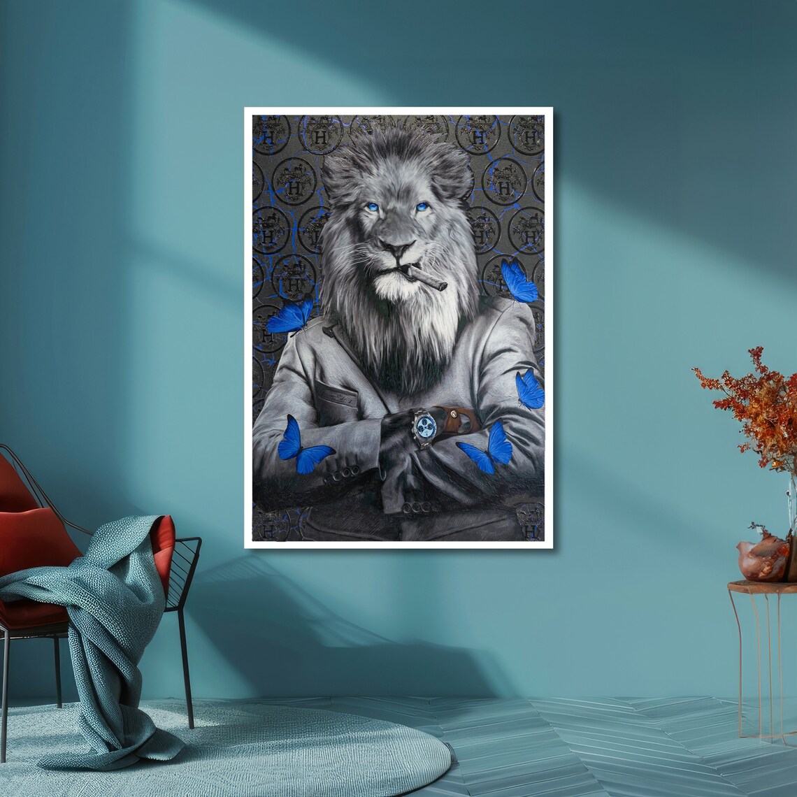 Sophisticated Lion Blue Eyed Lion Art Luxury Animal Portrait Wall Art Design Ready To Hang Decoration - Image 3