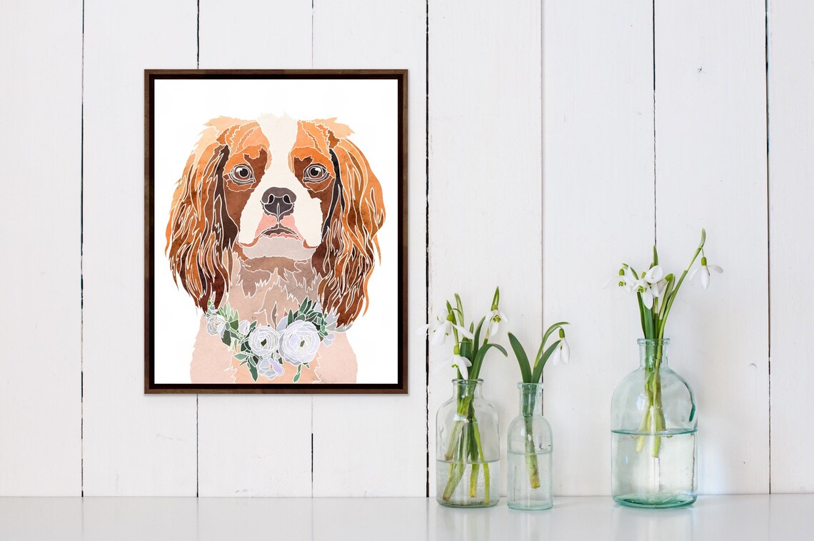 Cavalier King Charles Spaniel Watercolor Dog Portrait Flower Crown Poster