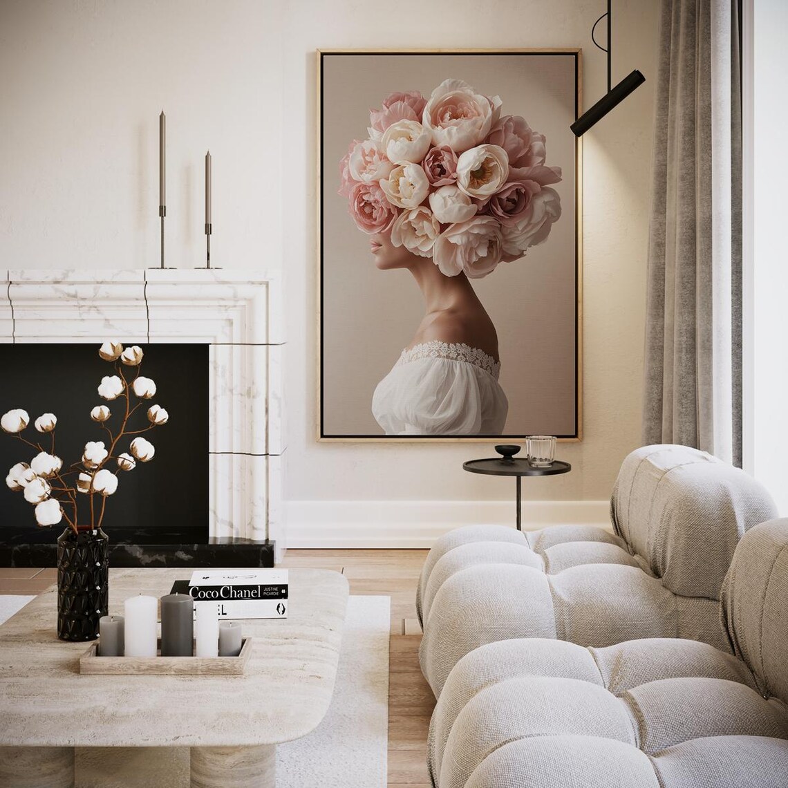 Blush Flower Bouquet Hidden Face Woman Elegant Portrait Wall Art