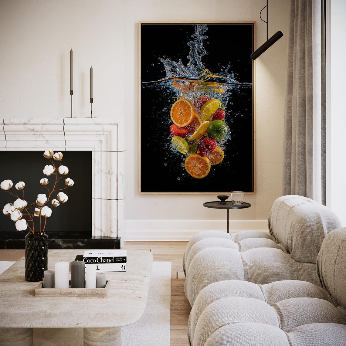 Fresh Citrus and Berry Water Splash Art Print on Black Background
