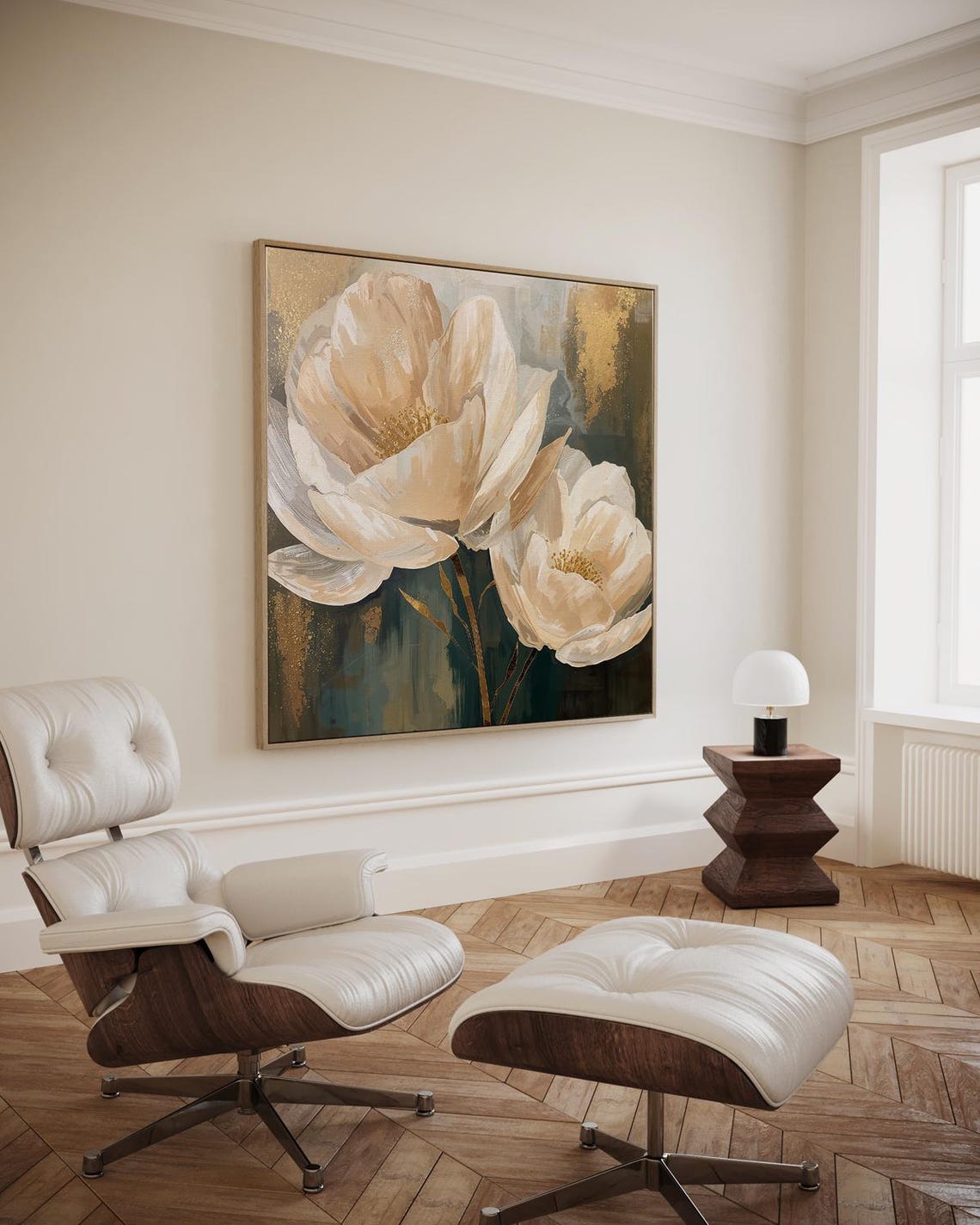 Pink Blossoms Green Background Gold Accents Delicate Floral Wall Art
