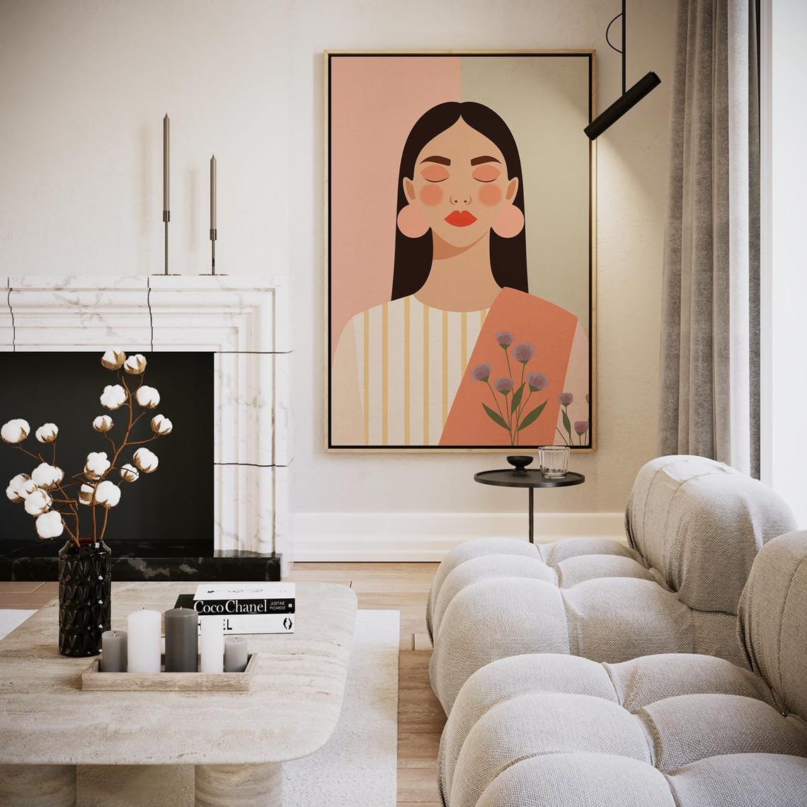 Serene Modern Woman Portrait Pink Floral Boho Decor Art Print