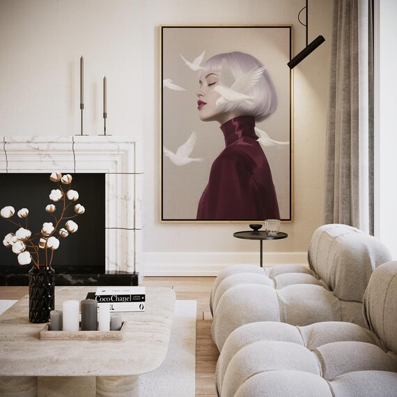 White Bob Woman Doves Burgundy Modern Fashion Portrait Print