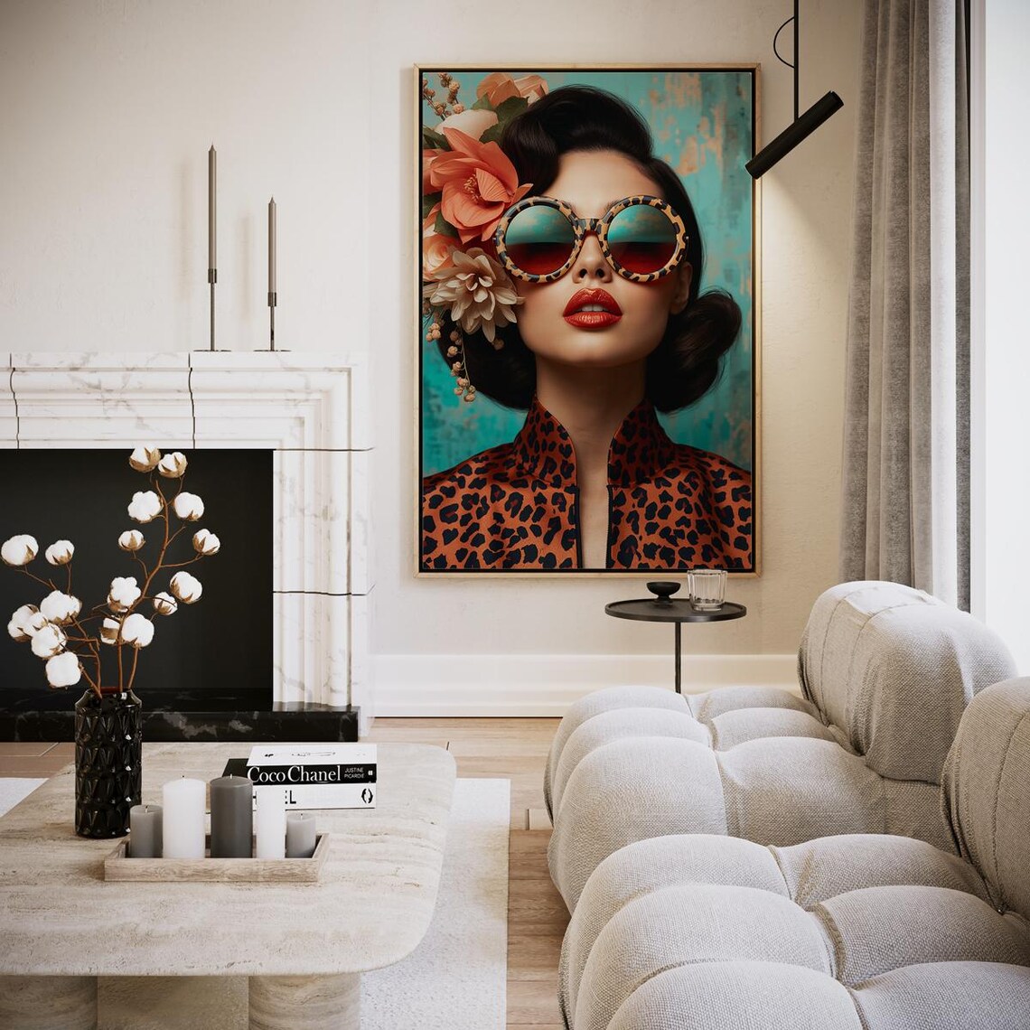 Retro Glamour Woman Portrait Round Sunglasses Flowers Art Poster