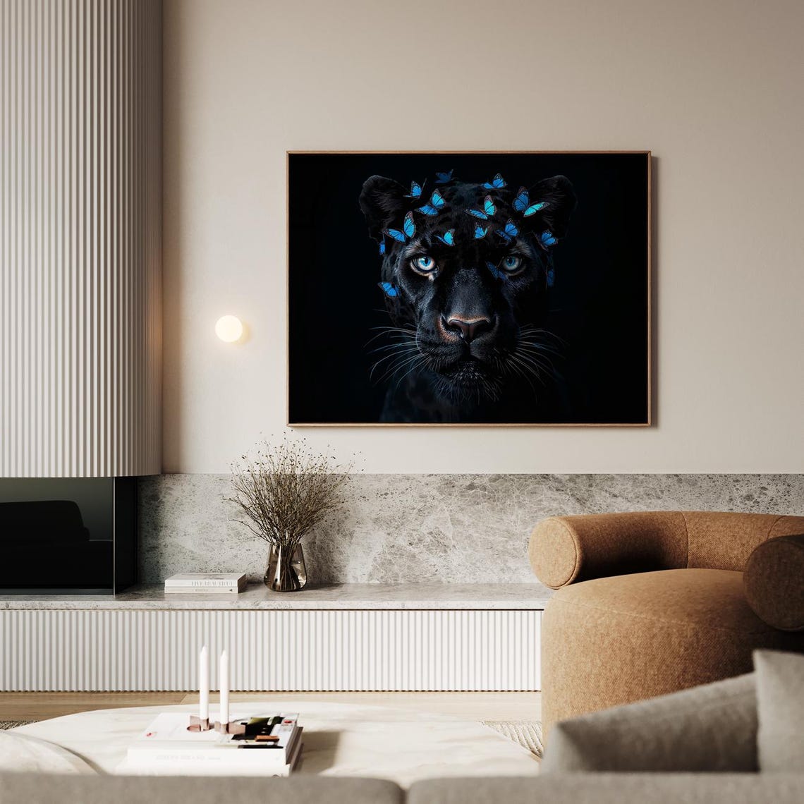 Black Panther Blue Butterflies Electric Blue Eyes Close Art Print