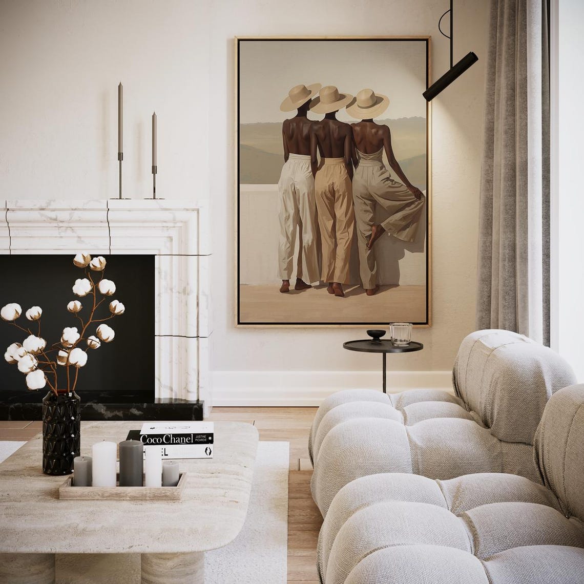 Three Women Straw Hats Linen Summer Back View Elegant Art Print