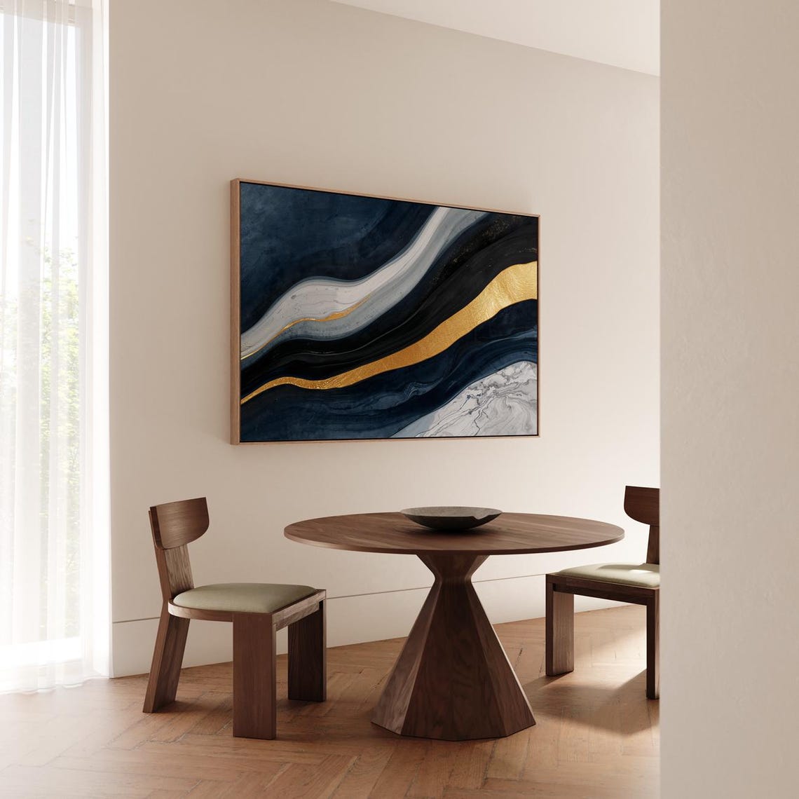 Golden Streams Night Sea Abstract Navy Gold Waves Luxury Poster