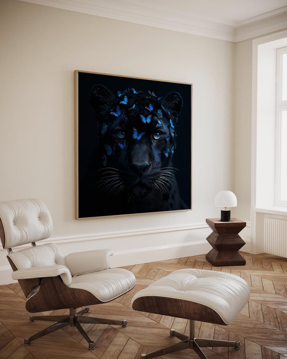 Black Panther with Glowing Blue Butterflies Dark Surreal Art Poster