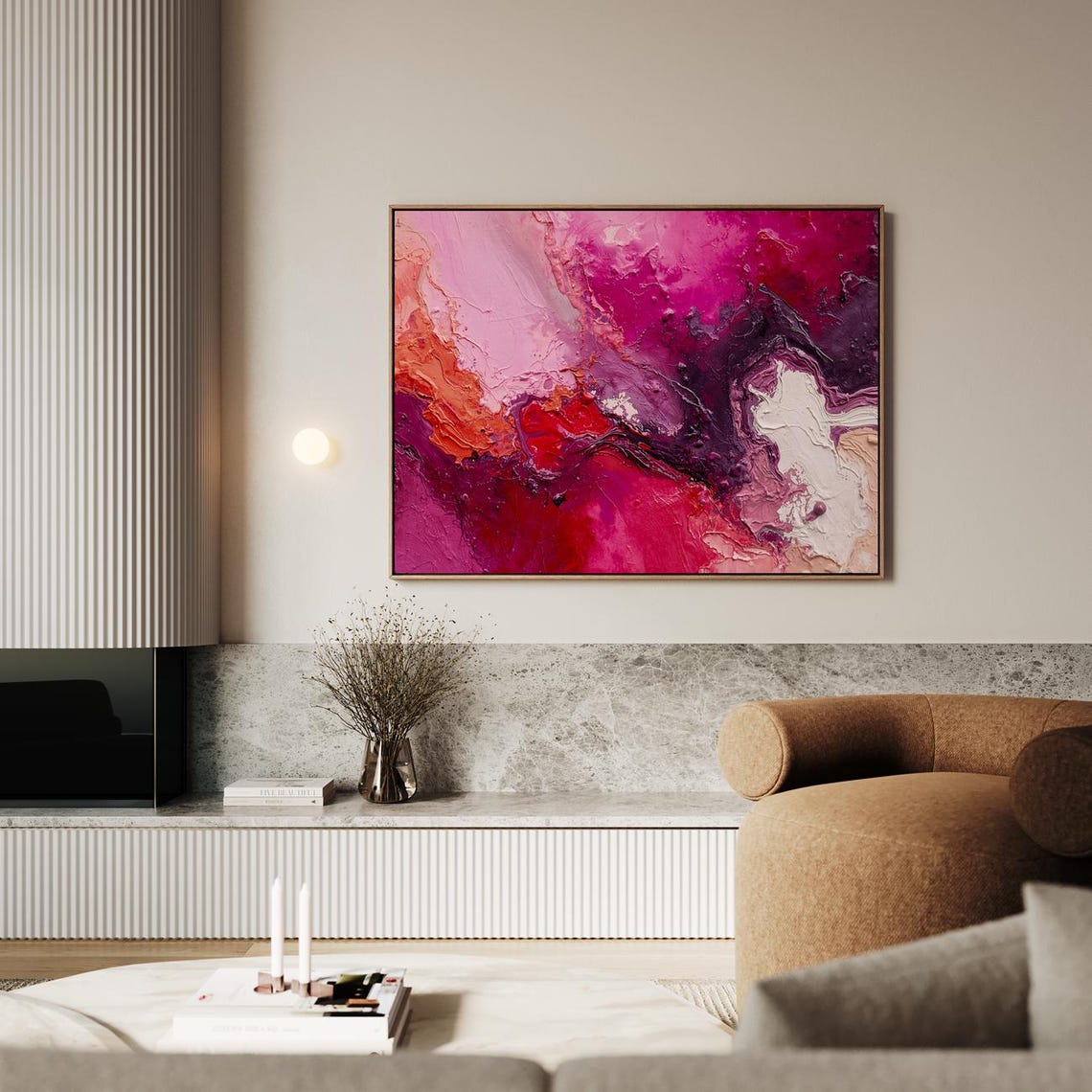 Vibrant Pink Red Abstract Color Flow Textured Impasto Art Print