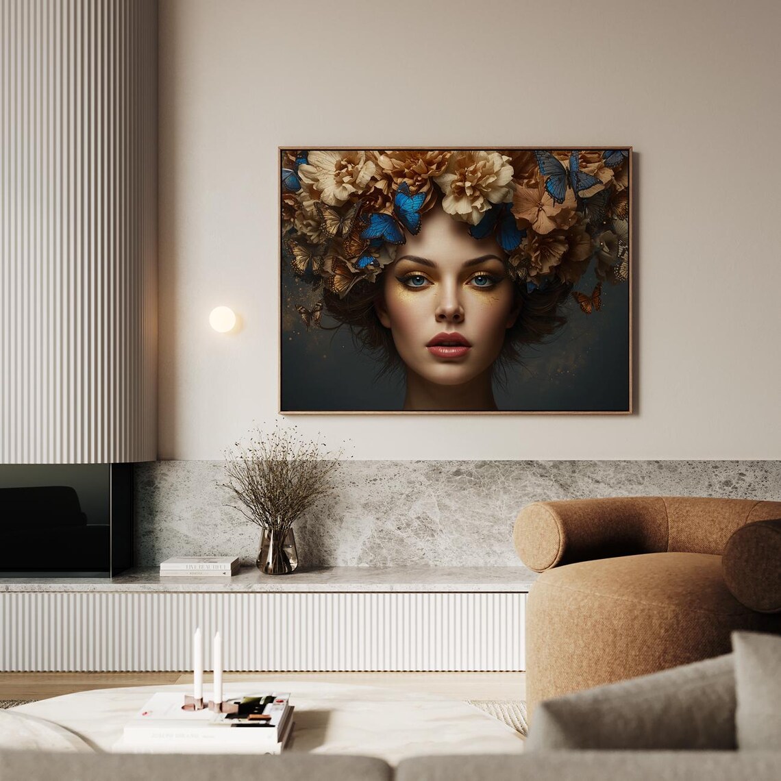 Butterfly Crown Woman Portrait Blue Gold Mystical Glow Art Print