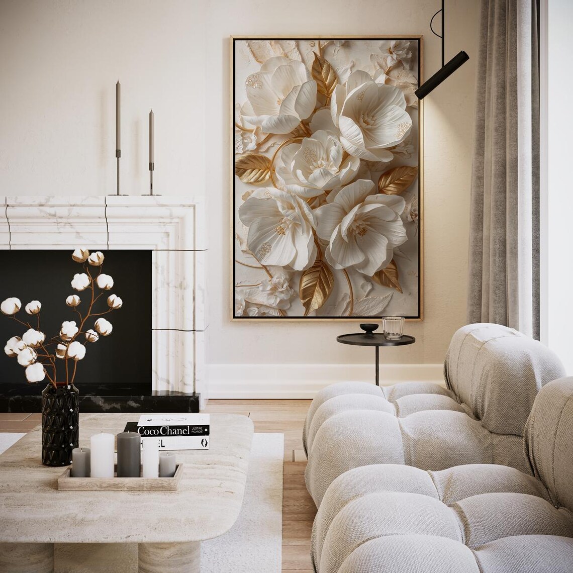 Cream White Magnolia Blooms with Gold Leaves Floral Art Poster