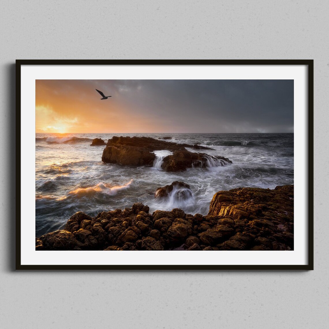 Moody Ocean Sunset Rocky Shore Photography Poster Seagull Seascape Art