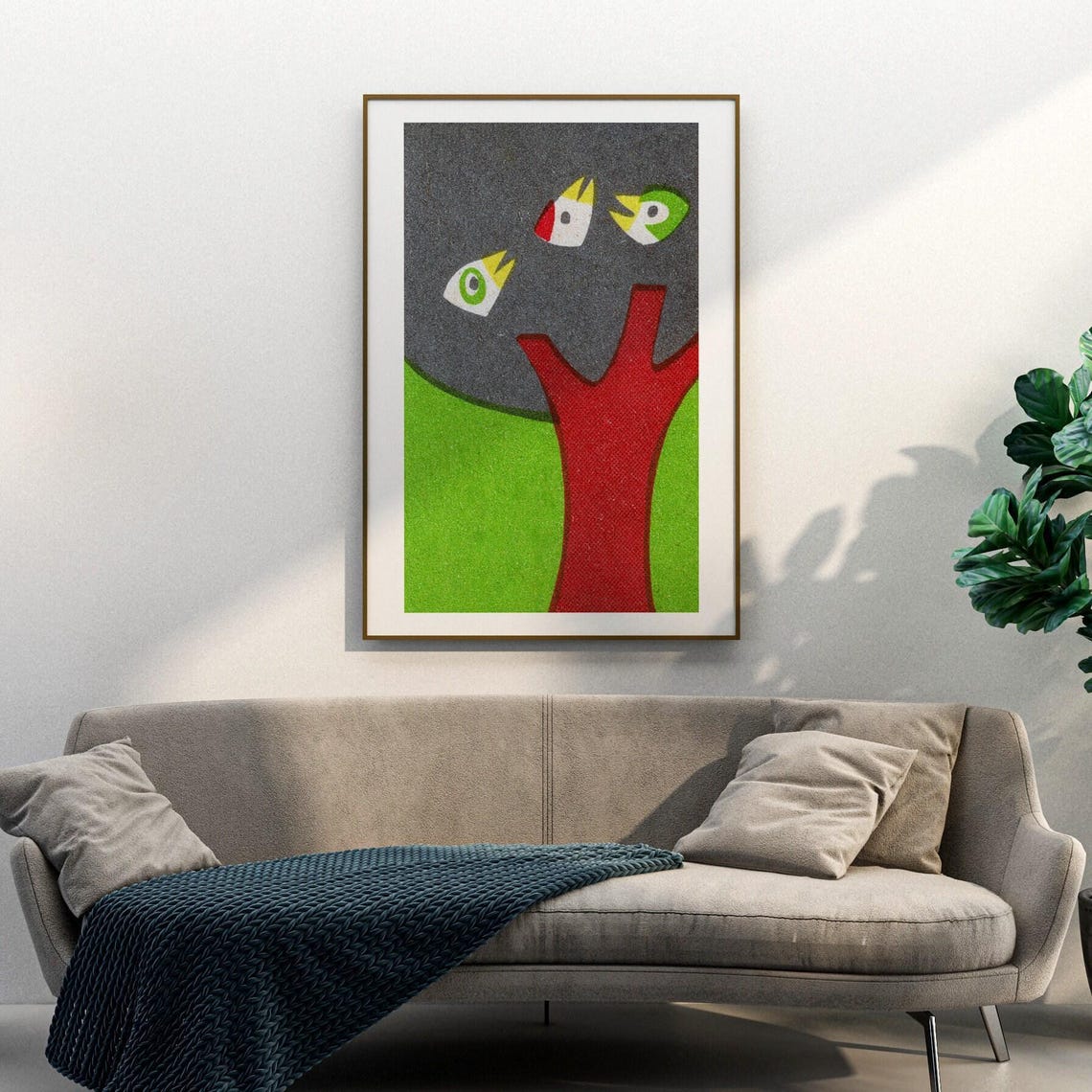 Three Birds on Red Tree Green Vintage Matchbox Art Poster Bold - Image 3