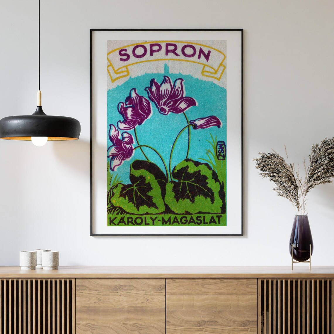 Sopron Purple Flowers Karoly Magaslat Vintage Hungarian Label Poster