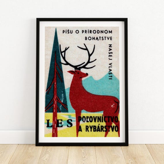 Stag In Forest Matchbox Print Czech Wall Art Vintage Czech Art Matchbox Wall Poster Vintage Poster Print