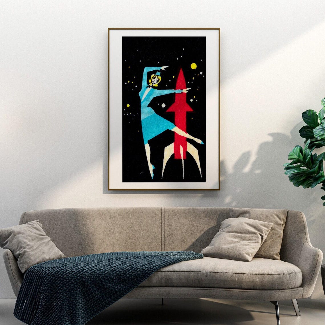Space Age Woman Dancing with Red Rocket Vintage Matchbox Poster - Image 3
