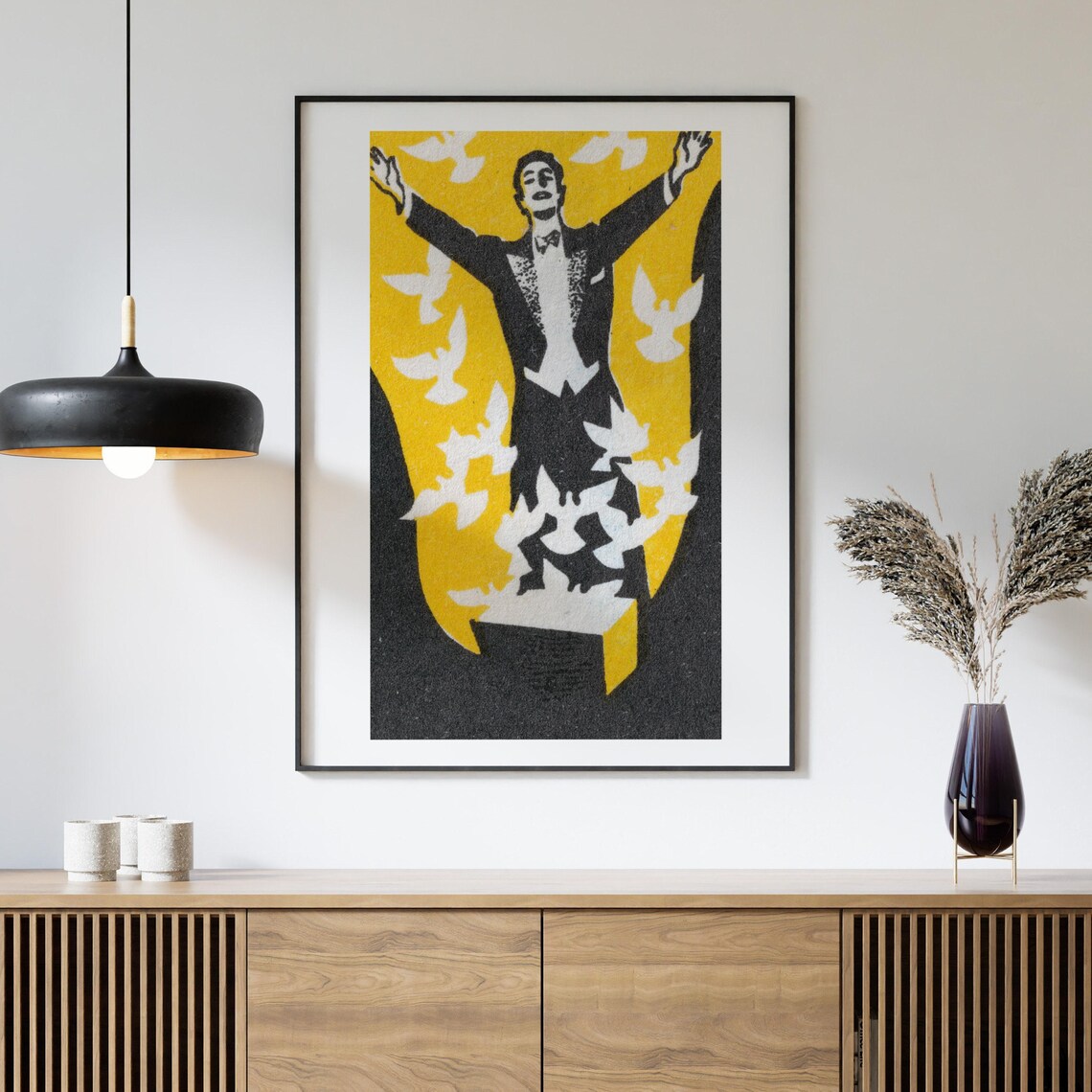 Magician Releasing Doves Yellow Black Matchbox Art Vintage Poster - Image 4