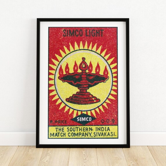Flaming Lantern Matchbox Print India Wall Art Vintage India Art Matchbox Wall Poster Vintage Poster Print