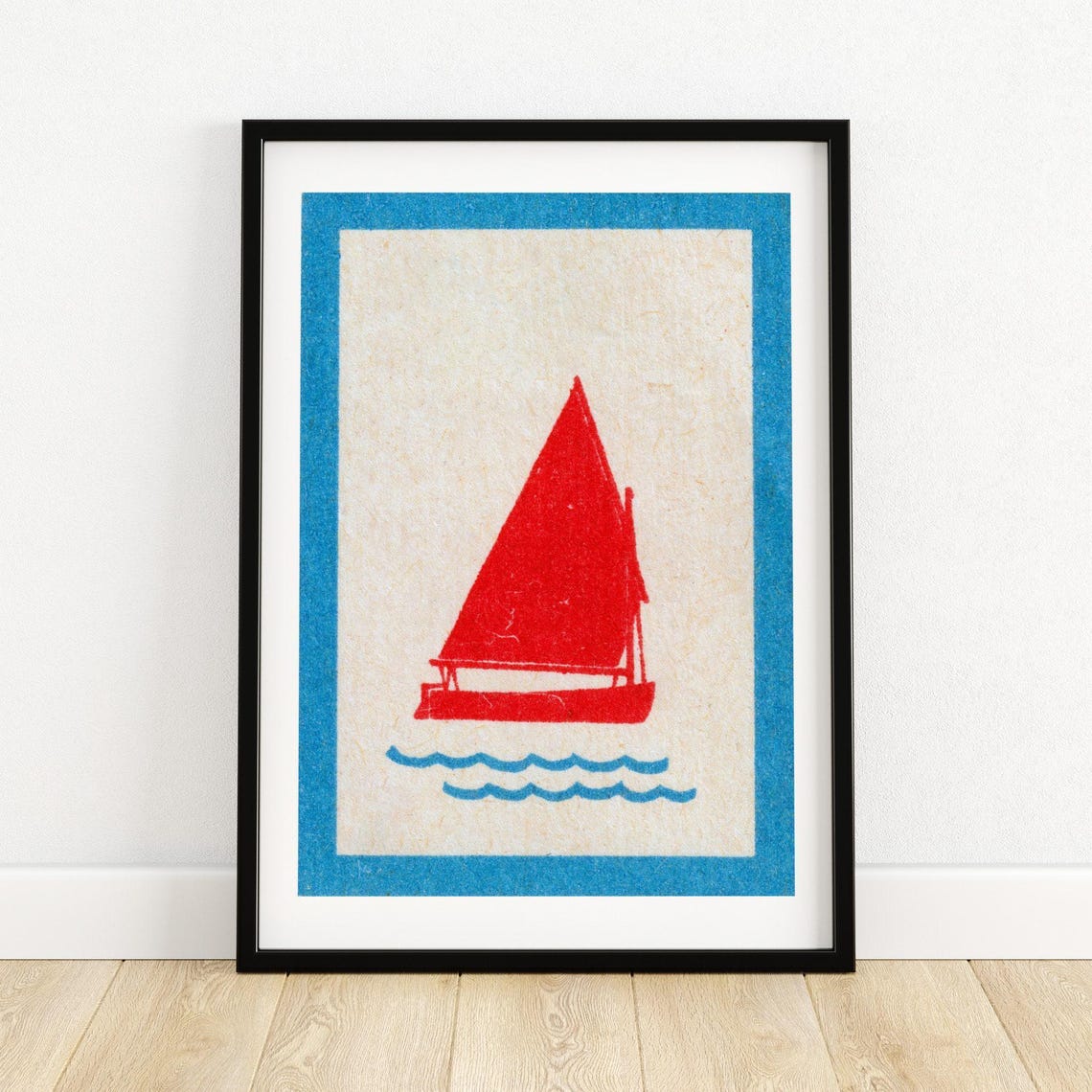 Red Sailboat Blue Waves Minimalist Vintage Matchbox Style Art Poster