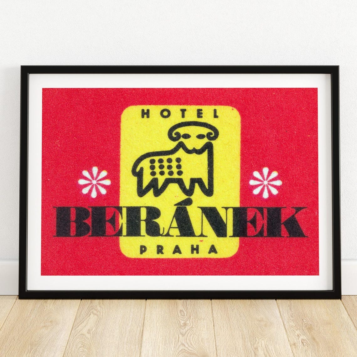 Hotel Beranek Prague Lamb Logo Bold Red Yellow Vintage Poster