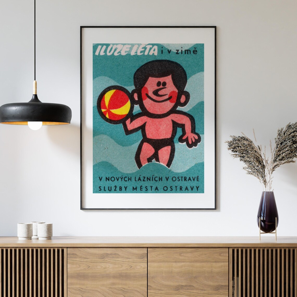 Summer Illusion Winter Boy Beach Ball Vintage Ostrava Baths Advertising Poster - Image 4