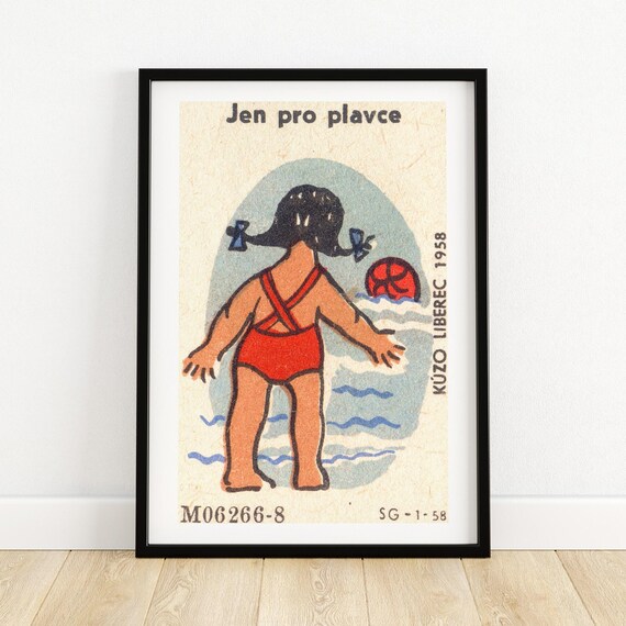 1958 Liberec Swimmers Only Child Beach Ball Czech Matchbox Poster
