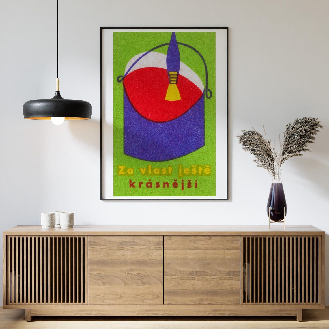 Bold Red Paint Bucket With Brush Za Vlast Vintage Czech Label Poster - Image 4