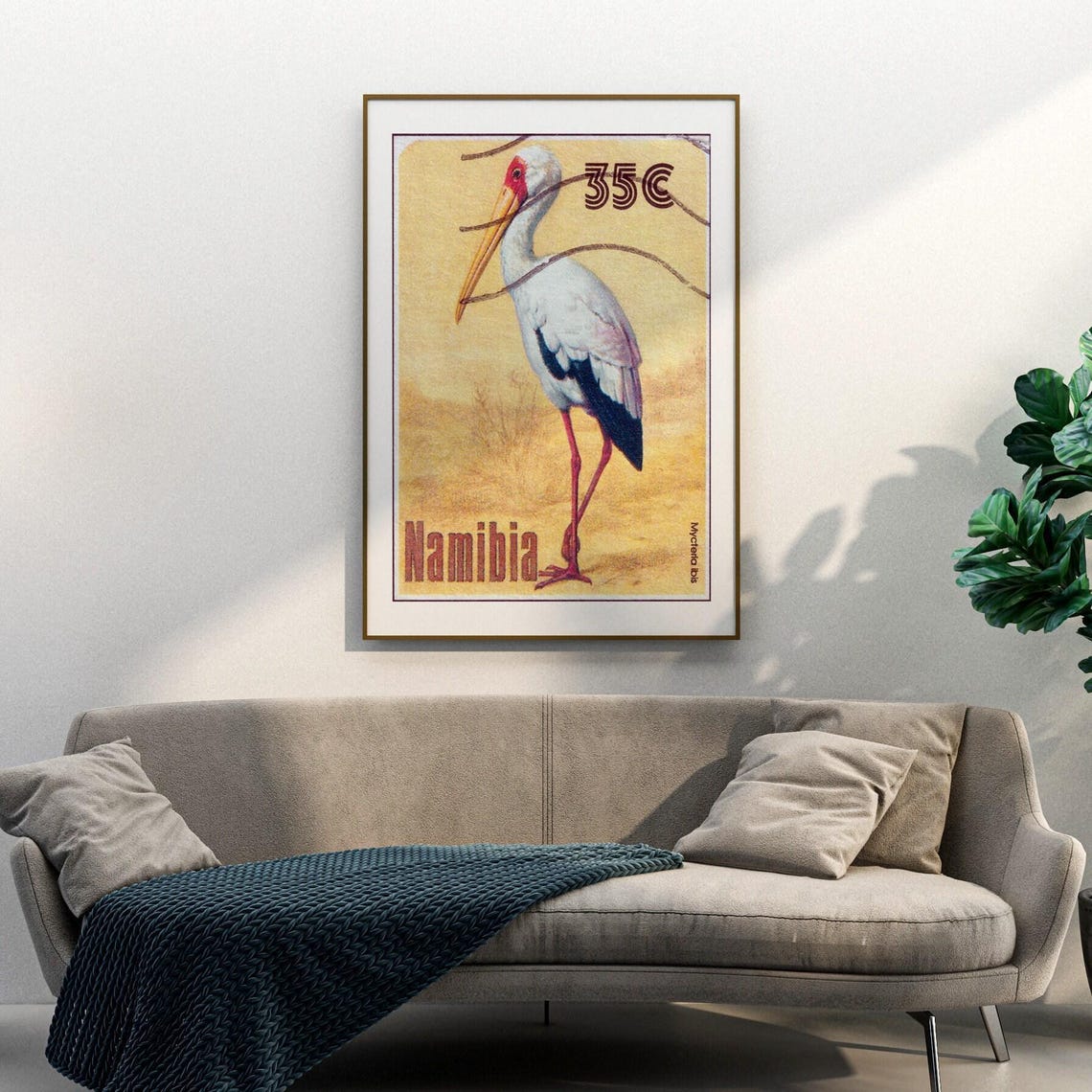 Namibia Yellow Billed Stork Mycteria Ibis Bird Stamp Art Poster - Image 3