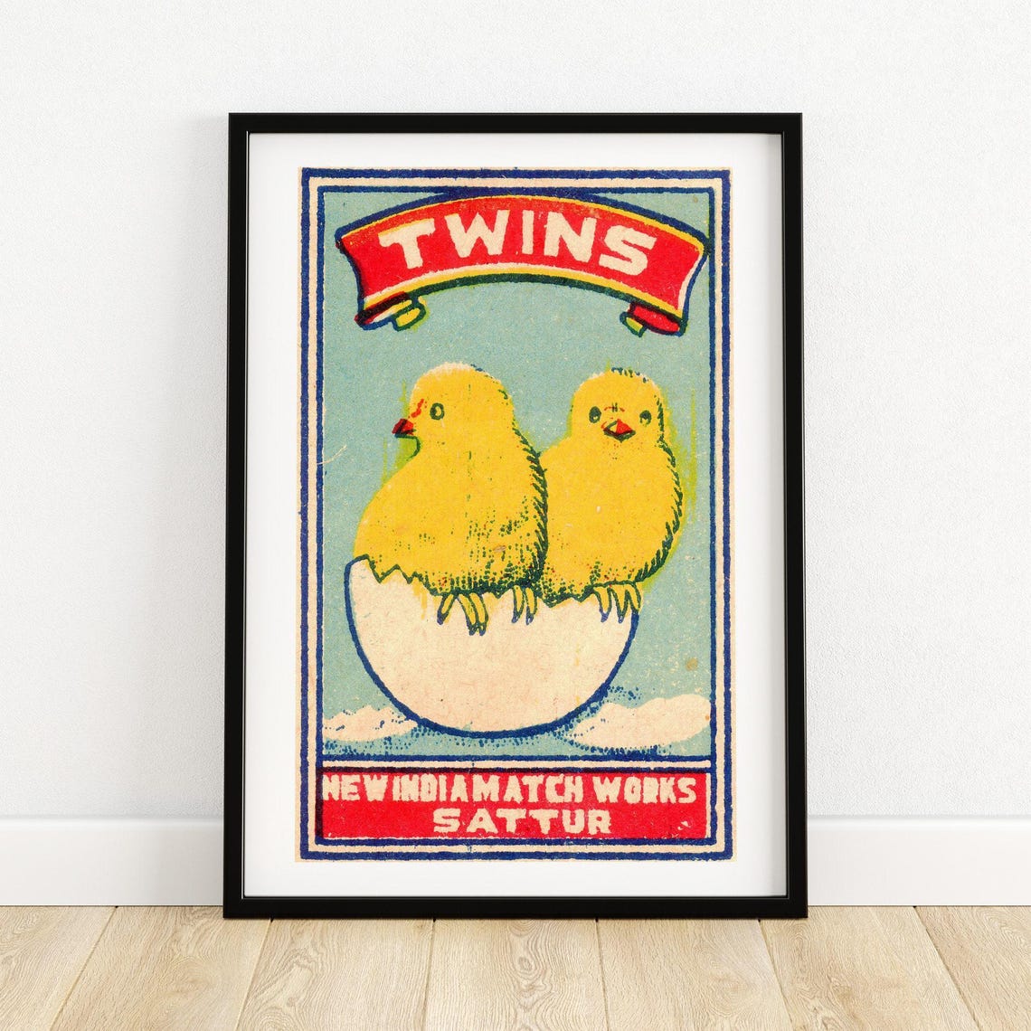 Twins Two Chicks Hatching Egg Indian Matchbox Label Vintage Art Poster