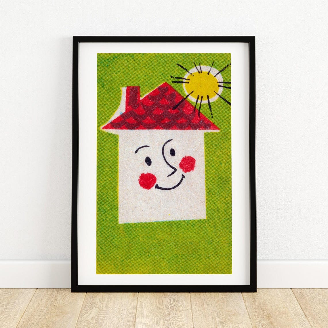 Smiling Happy House Face Red Roof Sun Matchbox Illustration Poster