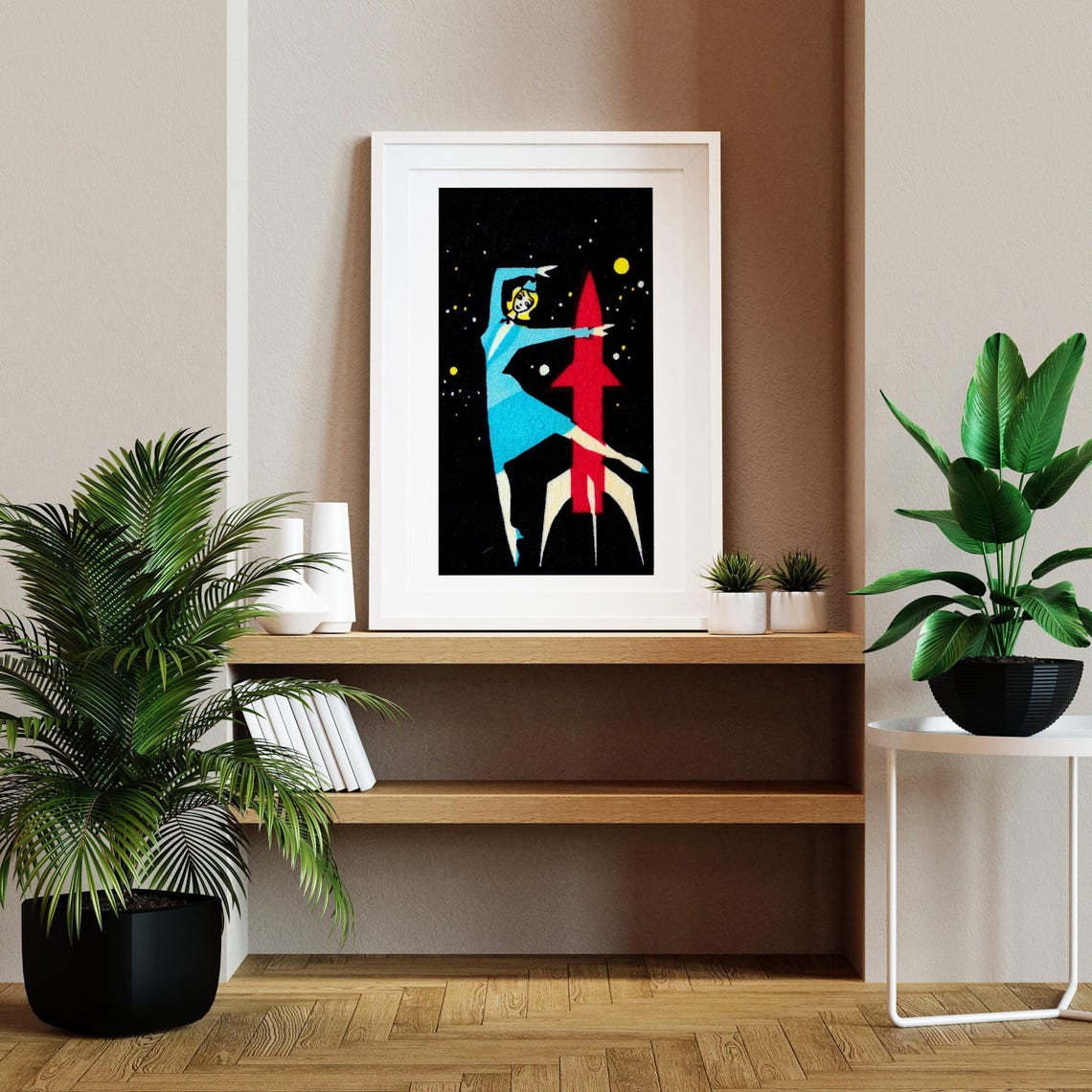 Space Age Woman Dancing with Red Rocket Vintage Matchbox Poster - Image 2