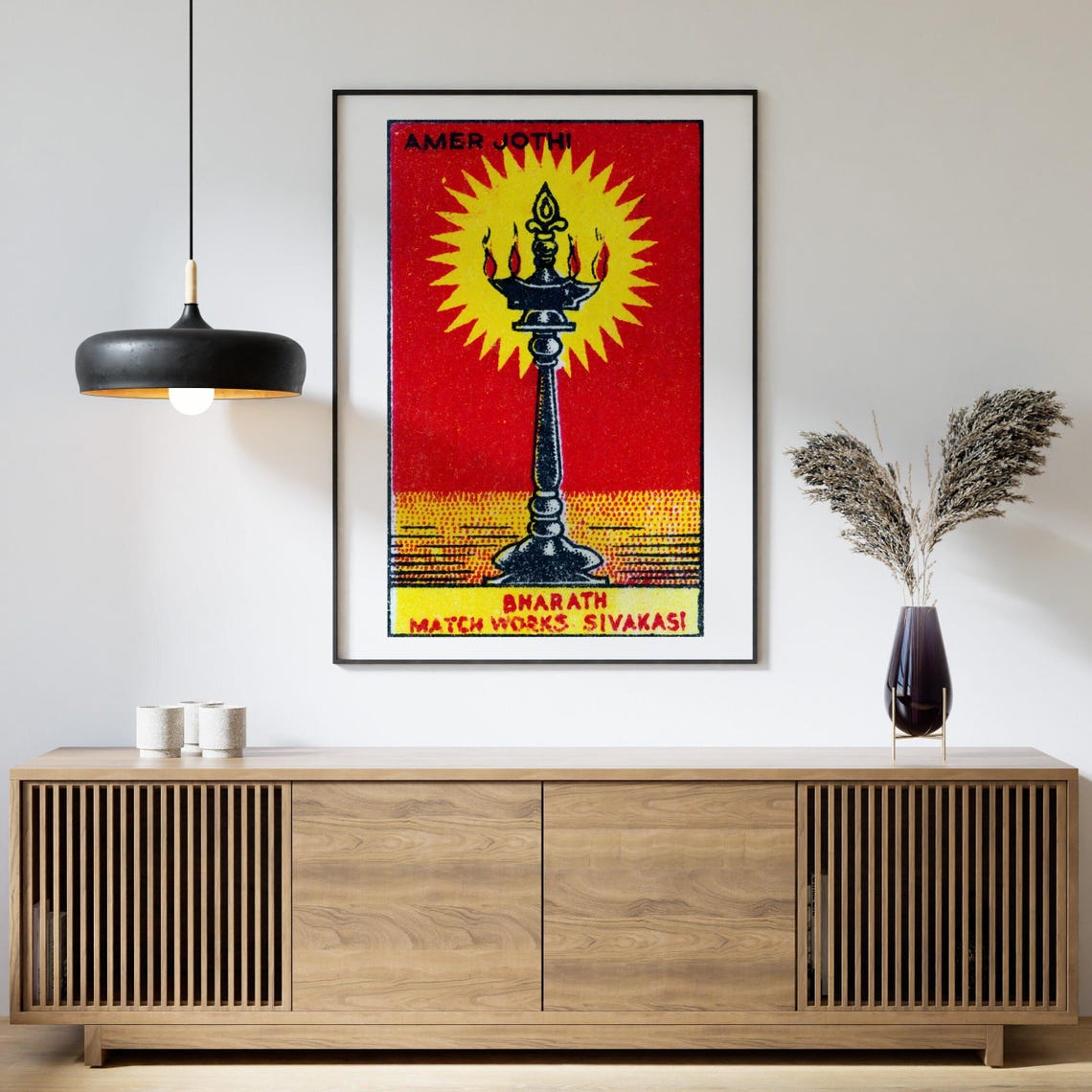 Amer Jothi Oil Lamp Sunburst Indian Matchbox Vintage Art Poster - Image 4